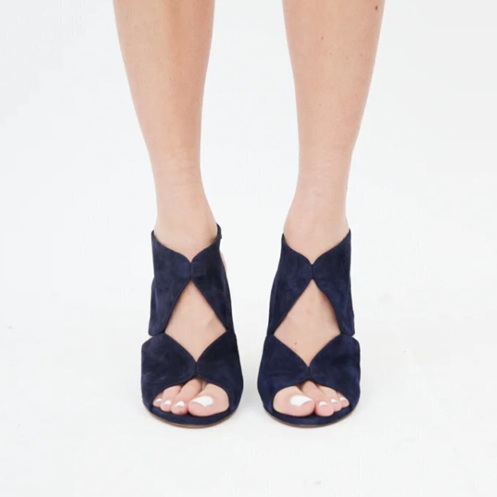Aquazzura Iman Blue Suede Cutout Wedge Sandals Size 37.5 as seen Julianne Moore - Picture 2 of 13